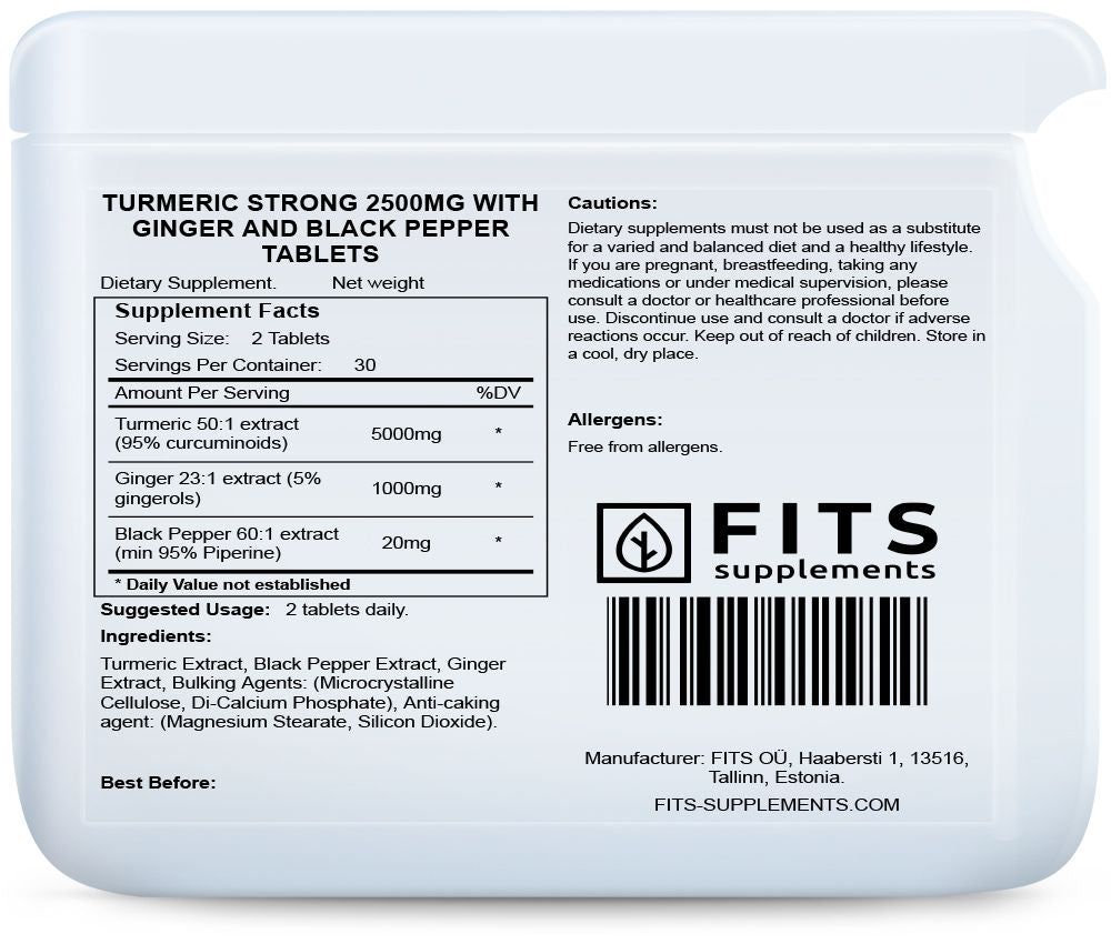 Kurkuma Vahva 2500mg Inkiväärillä ja Mustapippurilla tabletit