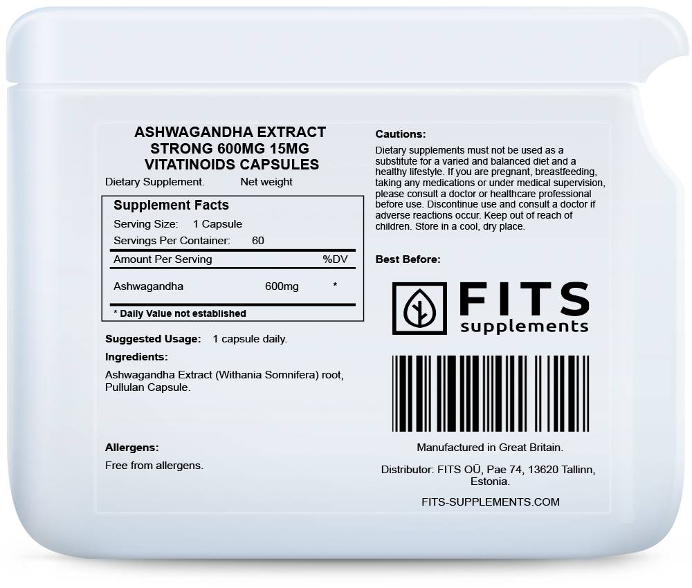 Ashwagandha Extract Strong 600mg 15mg vitatinoids kapselia