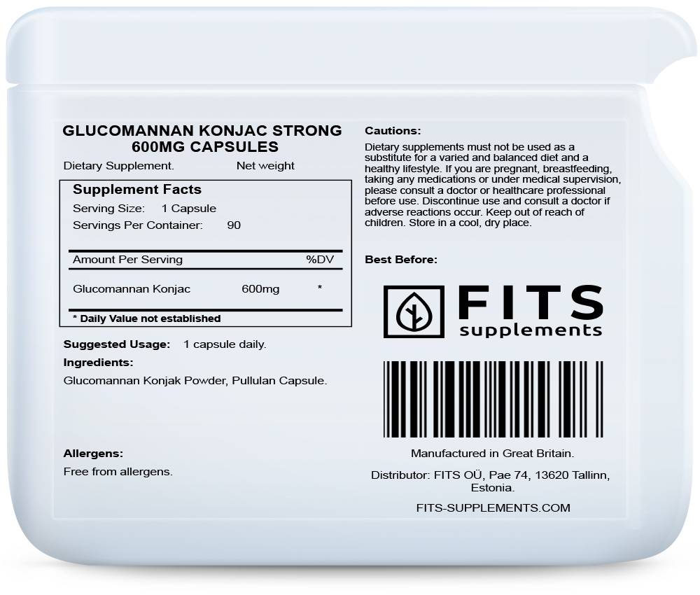 Glucomannan Konjac Strong 600mg 90 capsules - FITS Dietary Supplements