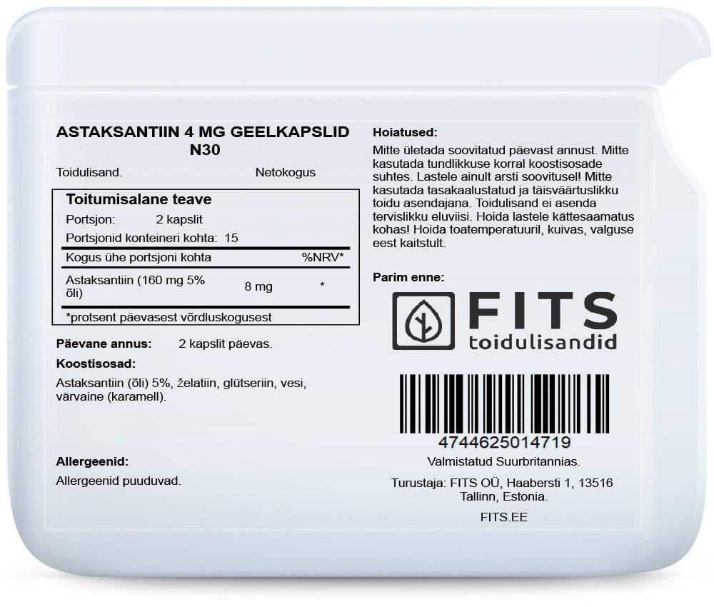 Astaksantiini 4mg 30 geelikapselia